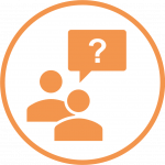 Orange icon containing two talking heads with a speech bubble that contains a question mark