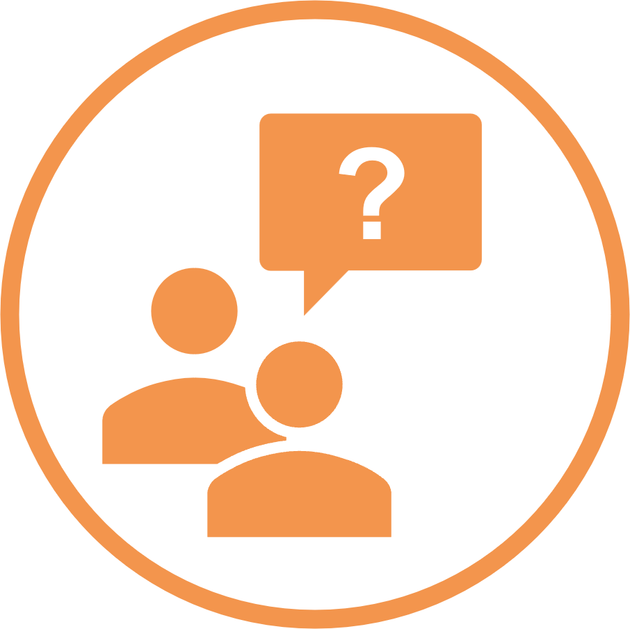 Orange icon containing two talking heads with a speech bubble that contains a question mark